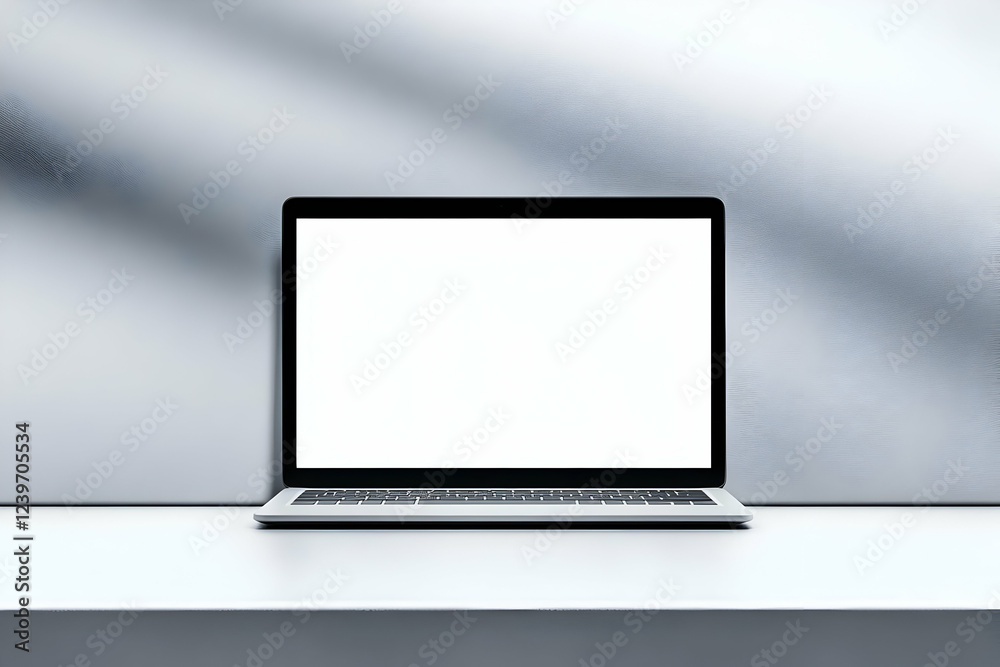 Laptop with blank white screen on a table displays a minimalist workspace with modern technology. Laptop with blank white screen on a table displays a minimalist workspace with modern technology.