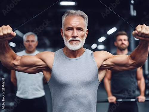 Determined Senior Man Performs Cable Flyes in Gym Demonstrating Strength and Fitness. photo