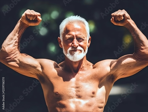 Strong Senior Man Flexes Mu...