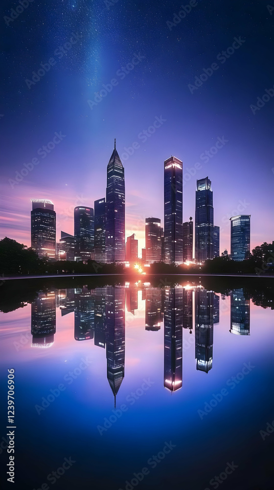 Fototapeta premium Cityscape Reflects in Still Water Under a Starry Twilight Sky with Tranquil Beauty and Architectural Grandeur