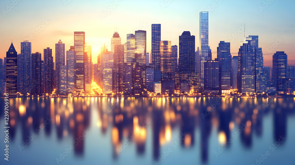 Fototapeta premium Cityscape Reflects in Water at Sunset with Illuminated Buildings and Blurred Foreground.