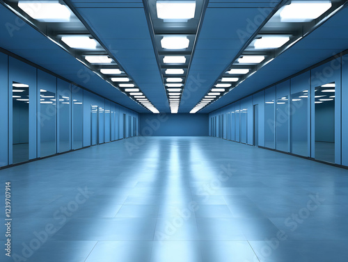 Empty Futuristic Blue Corridor with Bright Lights and Reflections in Mirrors Creates Modern Ambiance
