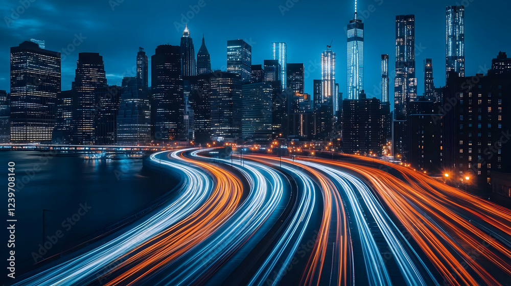 Obraz premium City Lights Streak Across Highway at Night with Illuminated Skyline in the Background