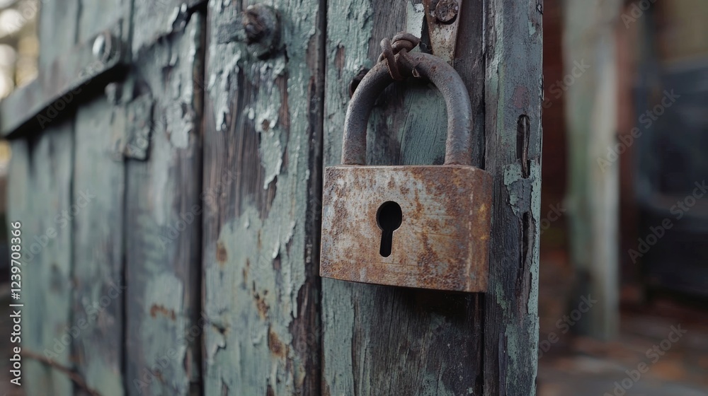A rusty padlock hanging on a wooden gate. - ai A rusty padlock hanging on a wooden gate. - ai