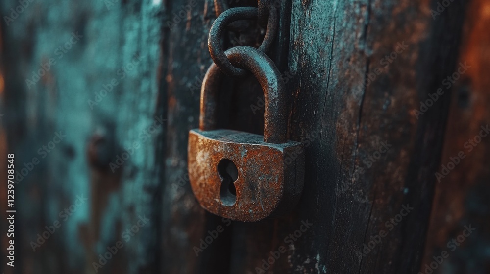 A rusty padlock hanging on a wooden gate. - ai A rusty padlock hanging on a wooden gate. - ai