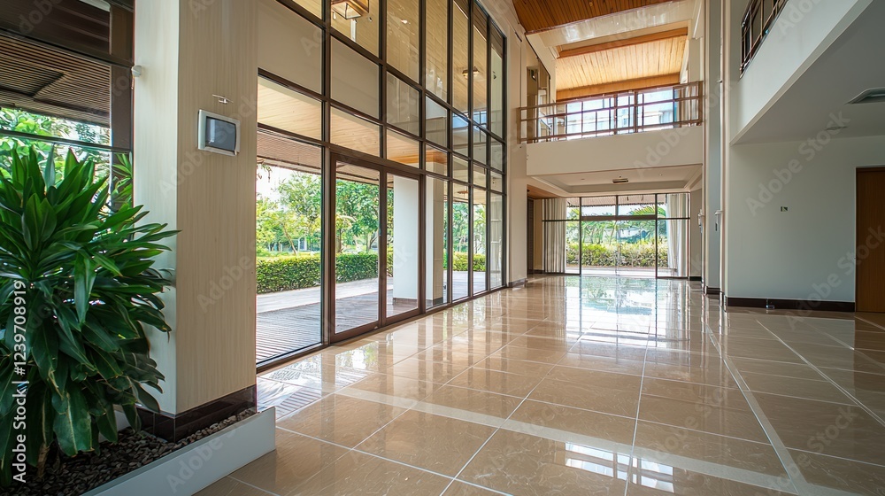 Fototapeta premium Bright Modern Building Lobby Interior with Polished Beige Floor