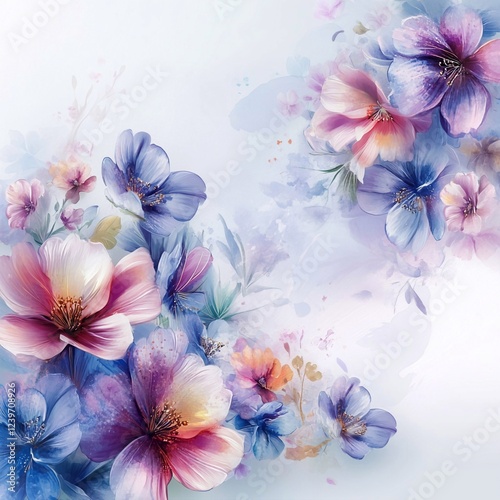 background with flowers, watercolor, blue, pink flowers