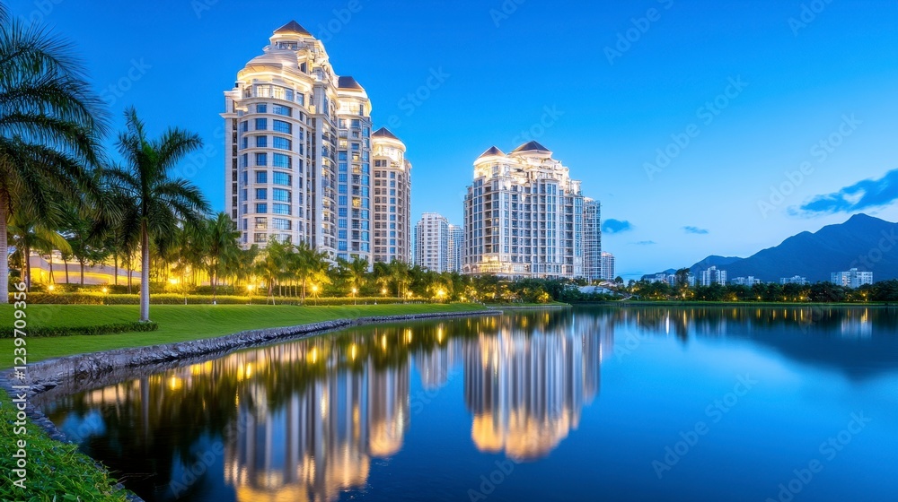 Fototapeta premium Luxury Apartments Reflecting in a Serene Lake at Twilight