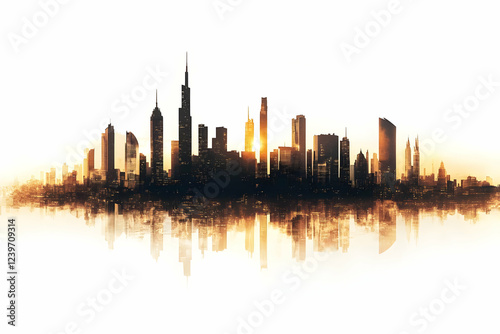 Silhouetted cityscape refle...