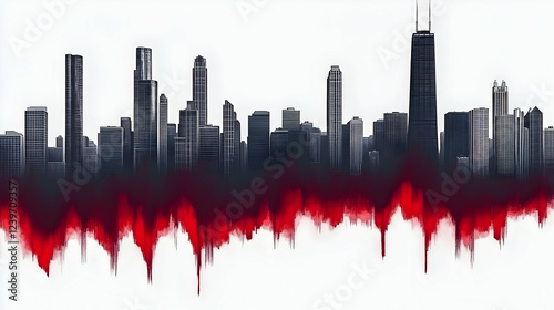 Fototapeta Naklejka Na Ścianę i Meble -  Cityscape Silhouette Melts into Red Abstract Strokes on White Background