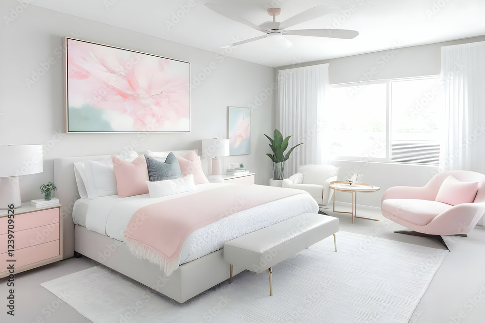 Fototapeta premium Modern Bedroom Interior Design Features a Pink and White Color Palette with Elegant Furnishings.