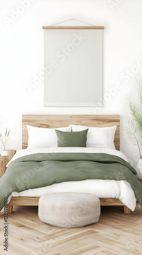 Modern Minimalist Bedroom Interior with Wooden Bed, Green Bedding, and Blank Poster Frame