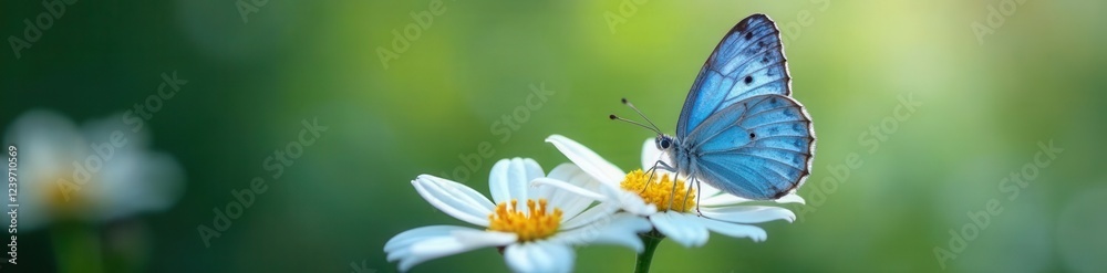 Delicate blue butterfly on white flower petals, art, flowers, nature Delicate blue butterfly on white flower petals, art, flowers, nature