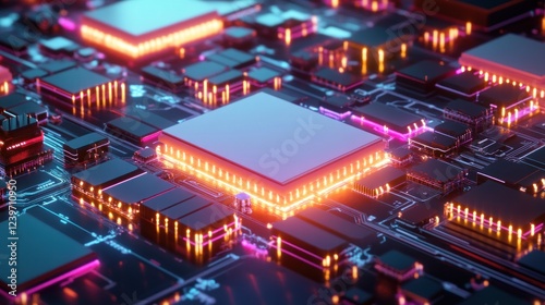 Intricate digital circuit board with glowing components and connections