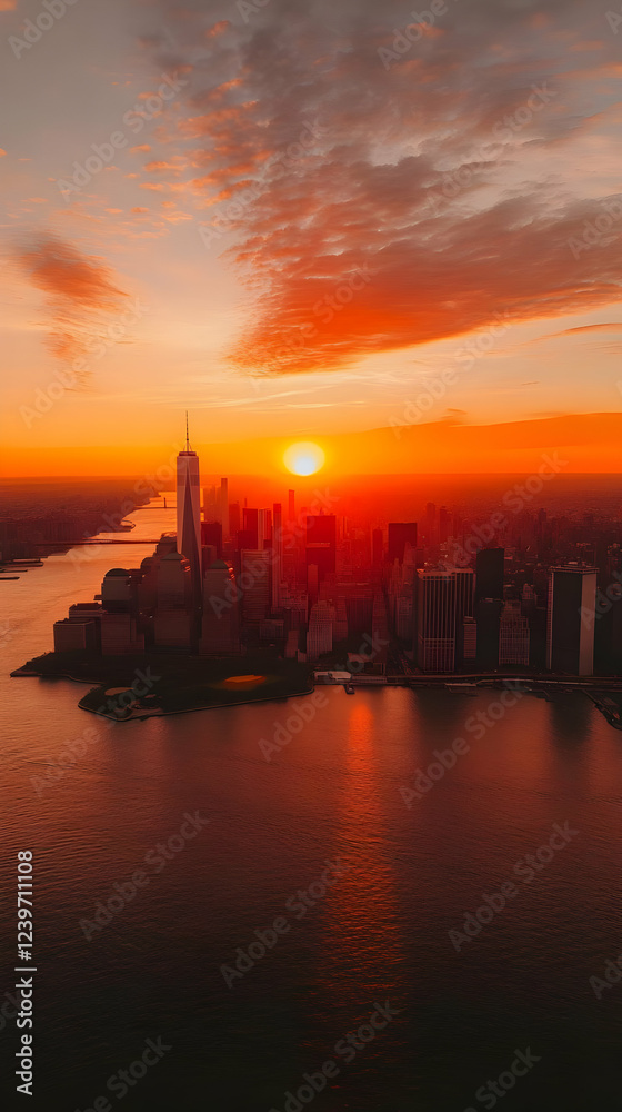 Naklejka premium Cityscape Bathed in Golden Sunset: A Breathtaking Aerial View of Downtown at Dusk