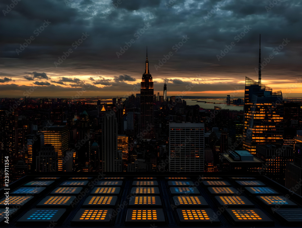 Obraz premium Cityscape at Sunset Illuminates a Rooftop with Glowing Panels at Night Dramatically
