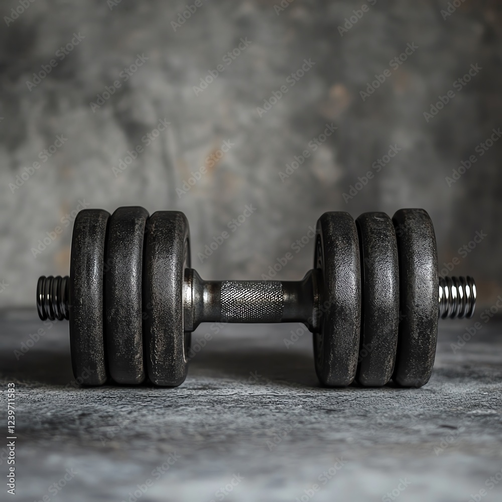Naklejka premium A close-up of a heavy black dumbbell resting on a textured surface, symbolizing strength and fitness.