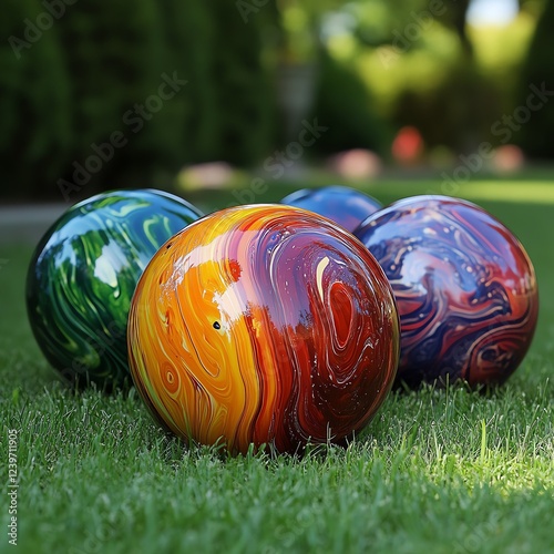 Colorful bowling balls resting on lush green grass create a vibrant outdoor scene, perfect for a fun game or leisure activity.