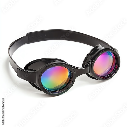 Colorful swimming goggles with a sleek black frame, designed for comfort and visibility in water sports. photo