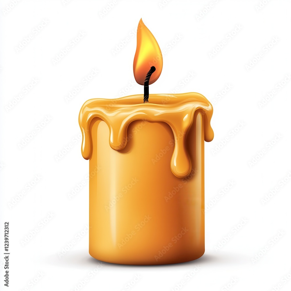 Melted Yellow Candle With Dripping Wax and Bright Flame Against White Background Melted Yellow Candle With Dripping Wax and Bright Flame Against White Background