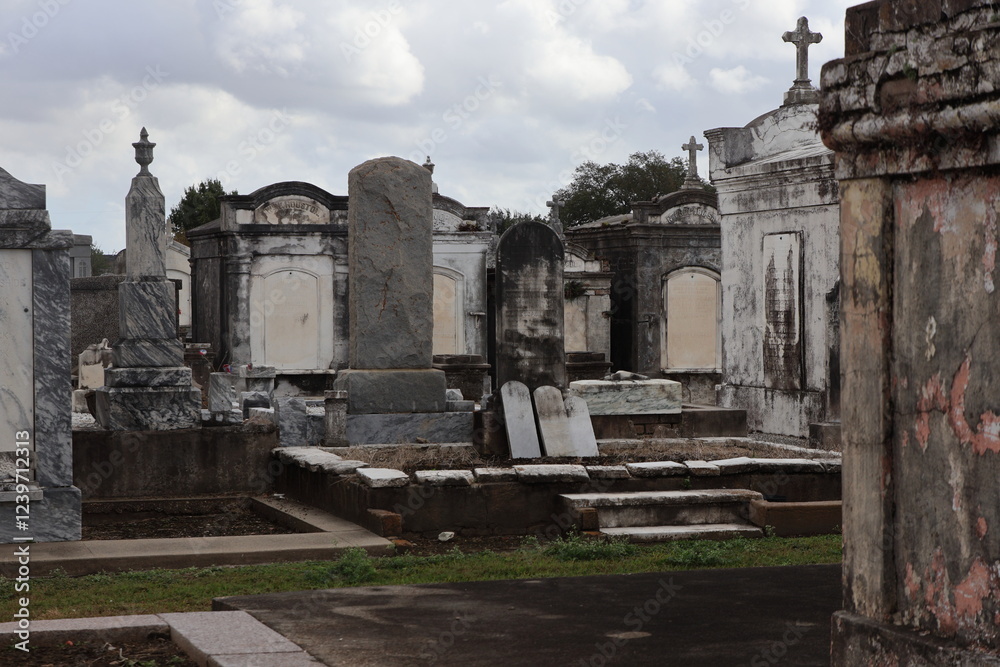 Fototapeta premium Historic cemeteries of New Orleans with above-ground tombs and wall vaults