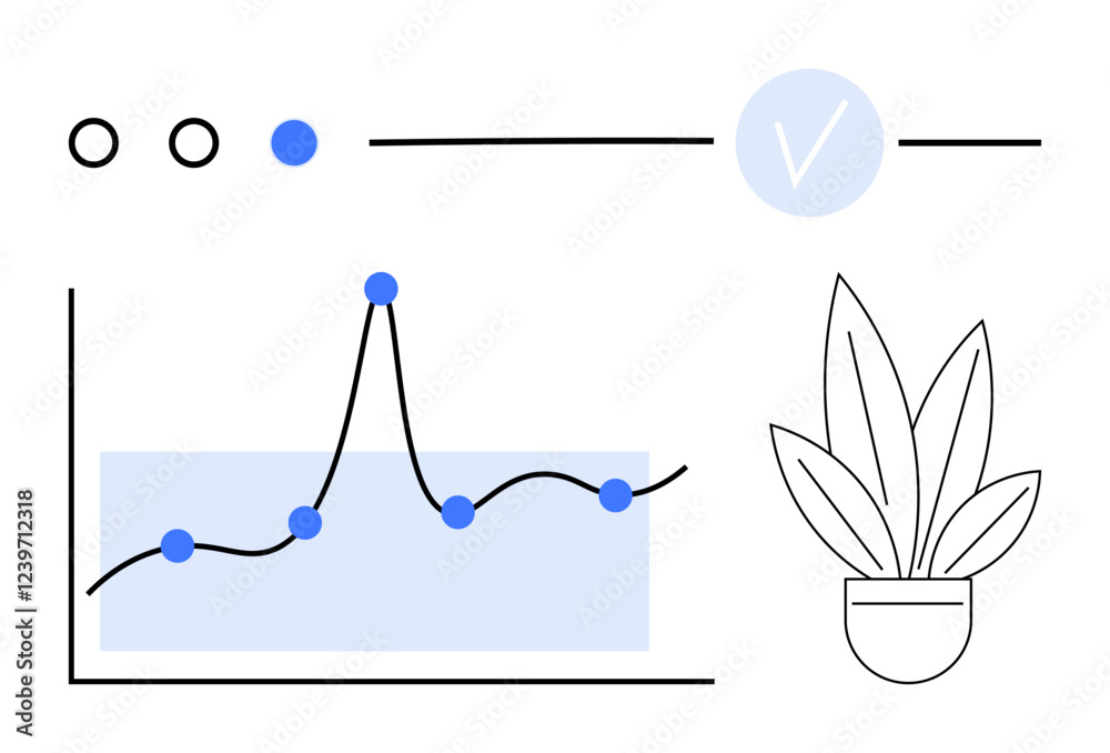 Fototapeta premium Abstract line graph with data points plant in pot and circular check mark. Ideal for data analysis, growth, progress, success, technology, business, simplicity. Line metaphor