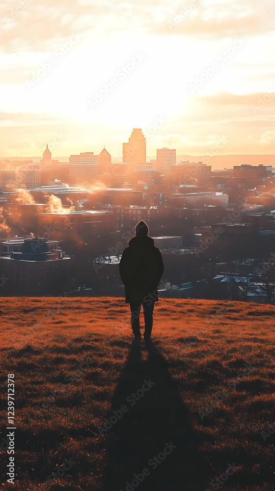 Fototapeta premium Silhouetted Figure Overlooks Cityscape at Golden Hour from Hilltop Vantage Point