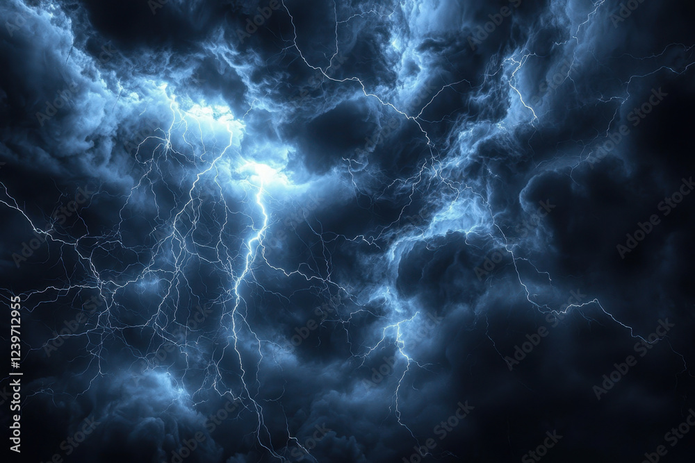 Dramatic electrical storm with branching lightning bolts against a moody sky Dramatic electrical storm with branching lightning bolts against a moody sky