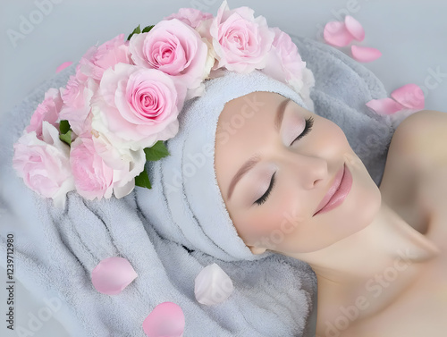 Woman Relaxes with Pink Ros...