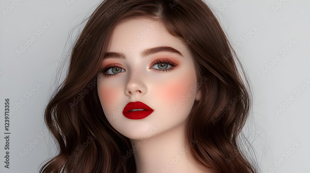 Portrait of a Young Woman with Red Lipstick and Flowing Brown Hair on a Light Gray Background Portrait of a Young Woman with Red Lipstick and Flowing Brown Hair on a Light Gray Background