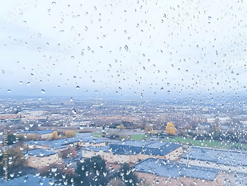 Raindrops cling to a window...