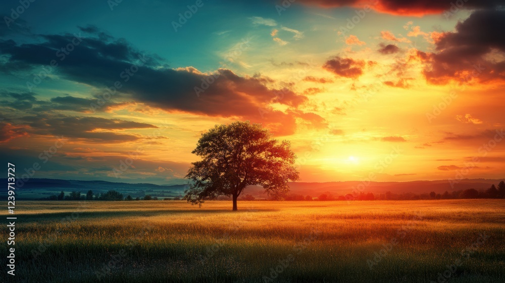 Bright sunset casts vibrant colors over a solitary tree in a serene landscape with rolling hills. Generative AI Bright sunset casts vibrant colors over a solitary tree in a serene landscape with rolling hills. Generative AI