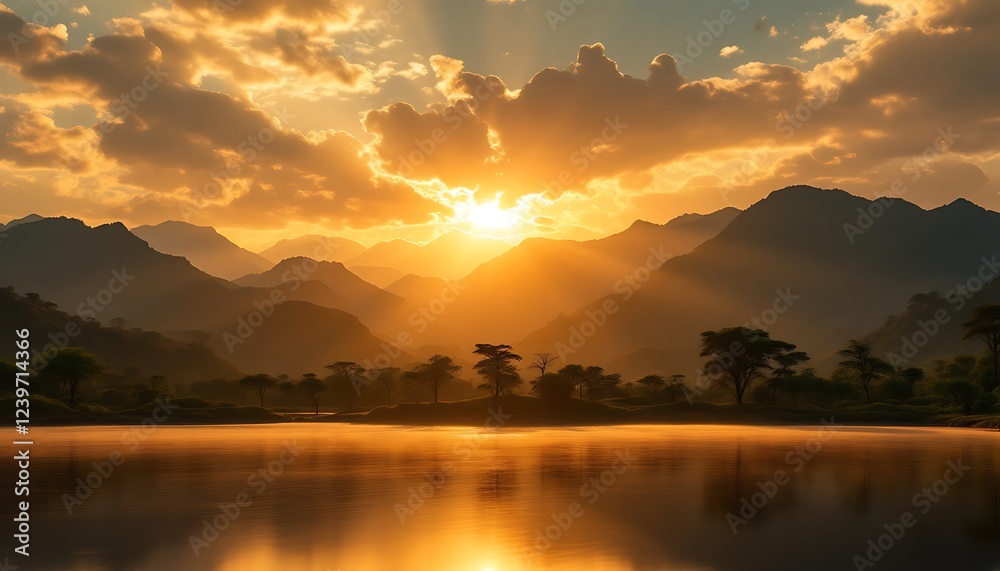 Fototapeta premium Golden Sunset Mountain Lake Landscape Photography
