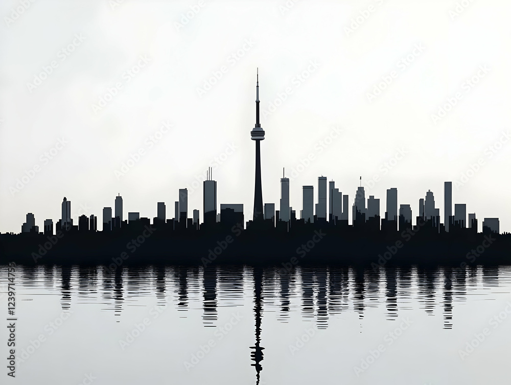 Obraz premium Cityscape Silhouette Reflects in Calm Water under Pale Sky