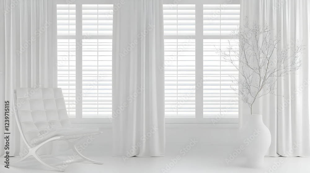 Fototapeta premium White Room Interior with Chair, Vase, Curtains, and Window Shutters Serenely Illuminated.