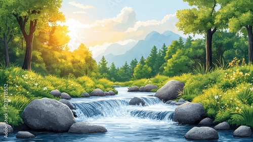 Serene Mountain Stream Flowing through Lush, Sunlit Forested Landscape with Vibrant Greenery, Flowers, Large Rocks, and a Distant View of Peaks