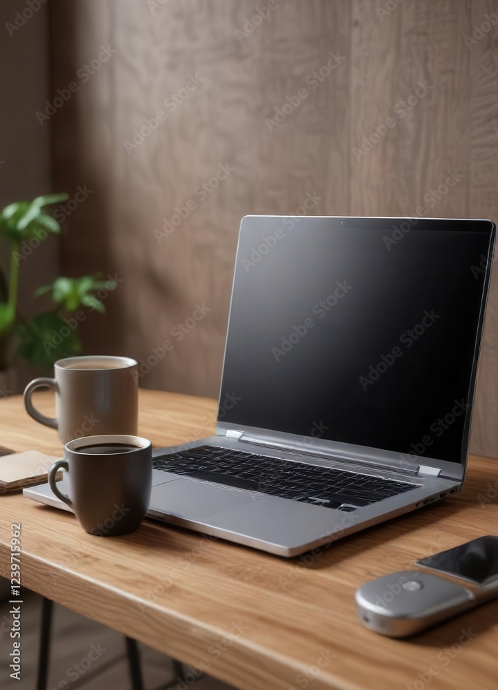 Desk laptop with empty black screen on wooden table with cup of coffee nearby, desk, computer, laptop Desk laptop with empty black screen on wooden table with cup of coffee nearby, desk, computer, laptop