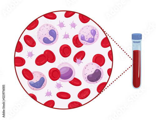 Vector illustration of a test vial filled with blood demonstrates composition and structure.
