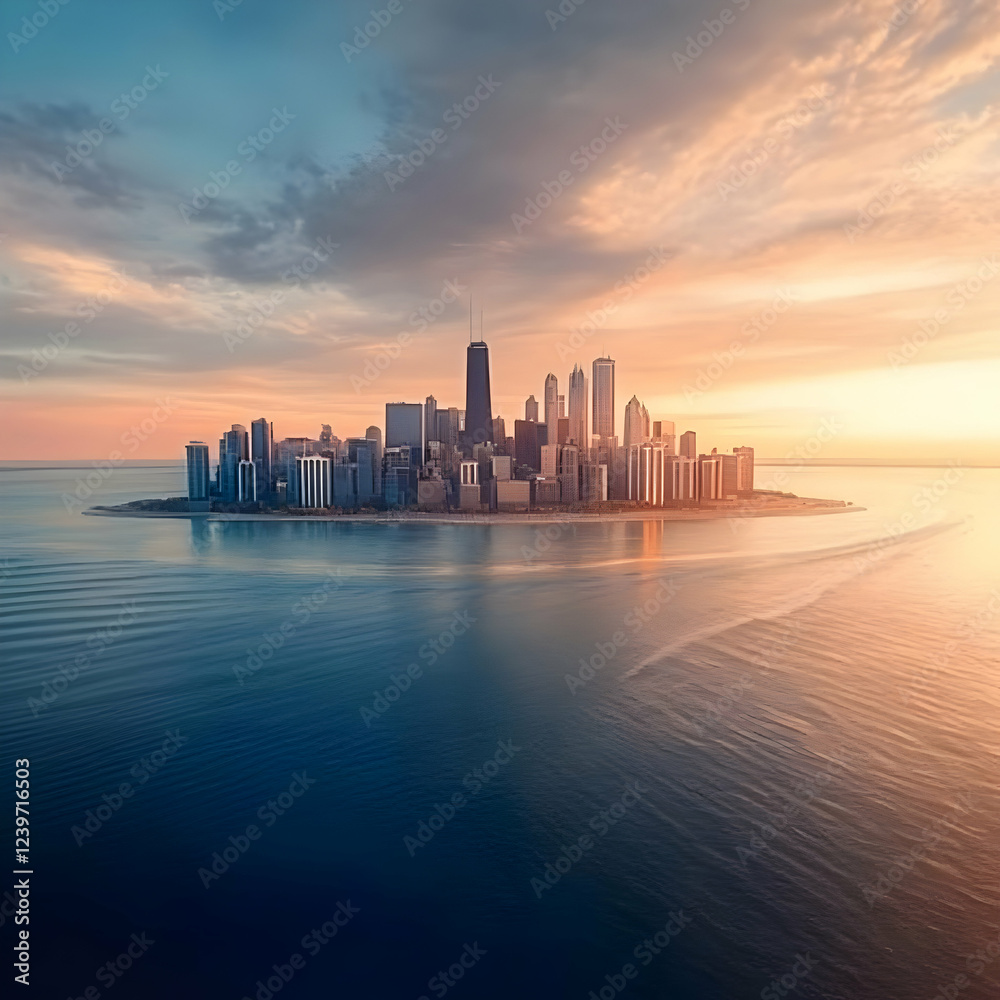 Obraz premium Cityscape at Sunrise: A Coastal Metropolis Awakens Under a Vibrant Sky