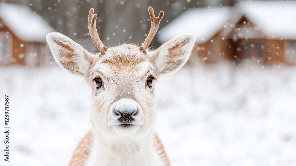 Fawn in snowy winter landscape, cabins background, Christmas card Fawn in snowy winter landscape, cabins background, Christmas card