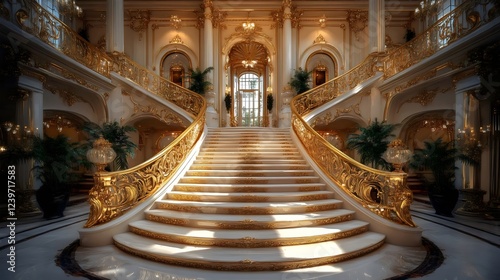 A grand staircase in a palace with gold accents