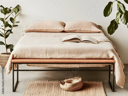 Beige Linen Bed with Leathe...