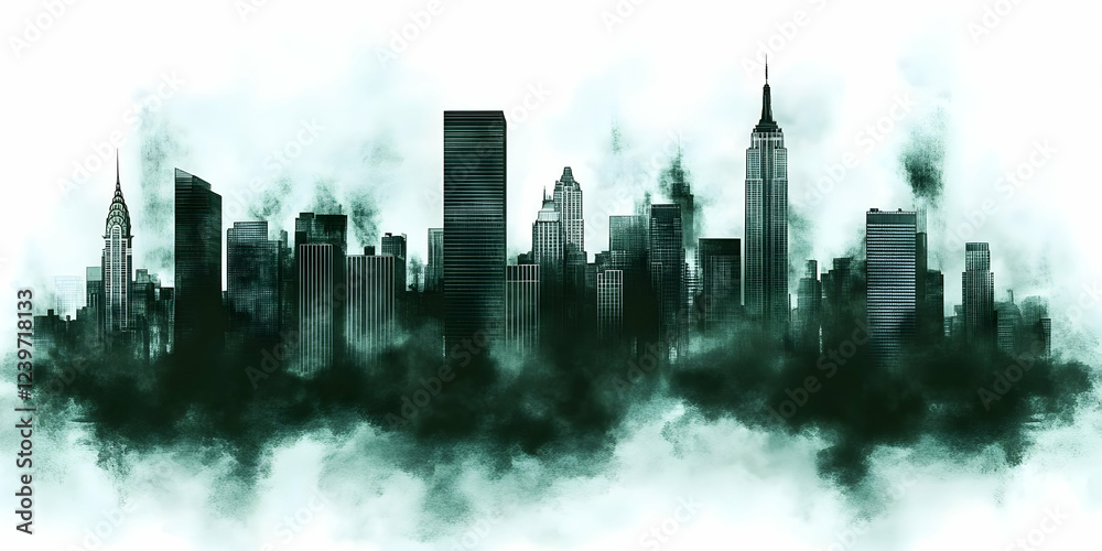 Obraz premium Dark Cityscape Illustration: Buildings Rise from Green Fog, Creating a Dramatic Urban Scene