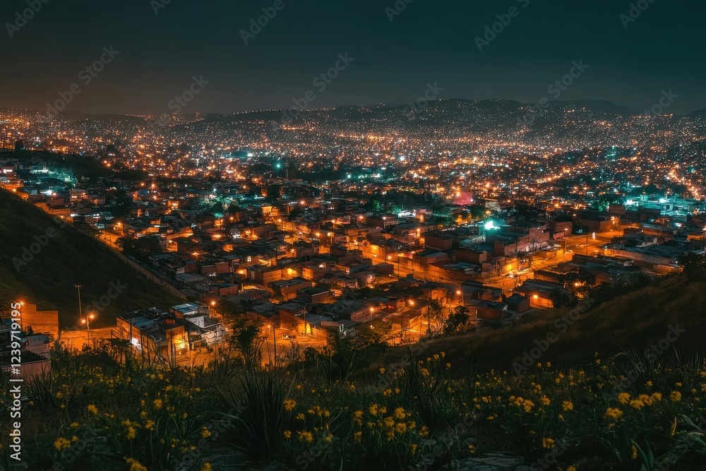 Fototapeta premium Night cityscape, illuminated houses spread across hills. Illustrates urban density and nighttime life.