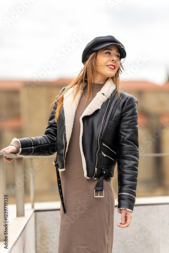 Cuadro en lienzo Stylish woman wearing black leather jacket and newsboy cap in urban setting