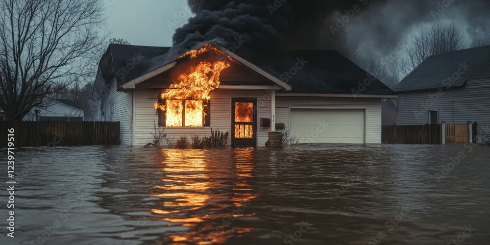 Fototapeta premium House Fire and Flood Disaster: A Devastating Scene