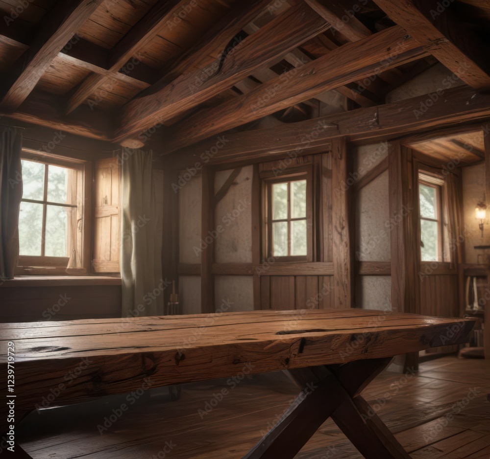 Distressed wooden beam in a dimly lit cabin interior, natural materials, rustic decor, wooden beam Distressed wooden beam in a dimly lit cabin interior, natural materials, rustic decor, wooden beam