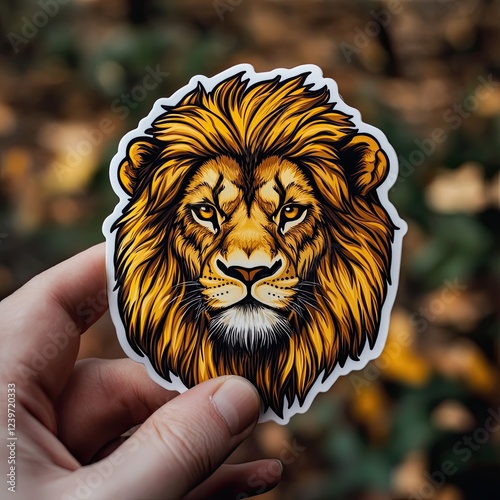 Sticker of a fierce lion with a golden mane photo