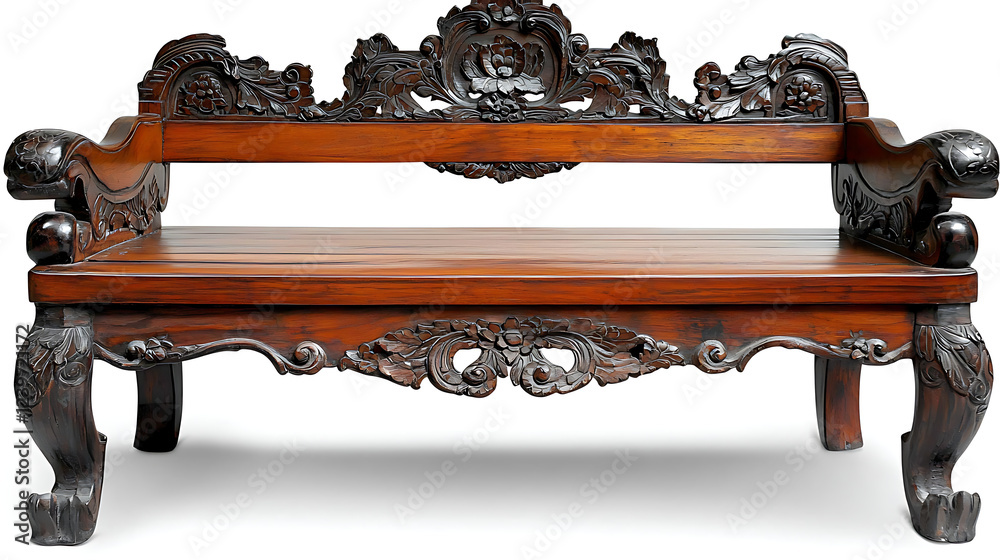 Fototapeta premium A wooden bench with carved designs on it. generated using AI