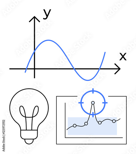 Graph with x and y axis, lightbulb symbolizing ideas, and chart targeting analysis highlight innovation, strategy, inspiration, growth. Ideal for education, science, AI planning research strategy